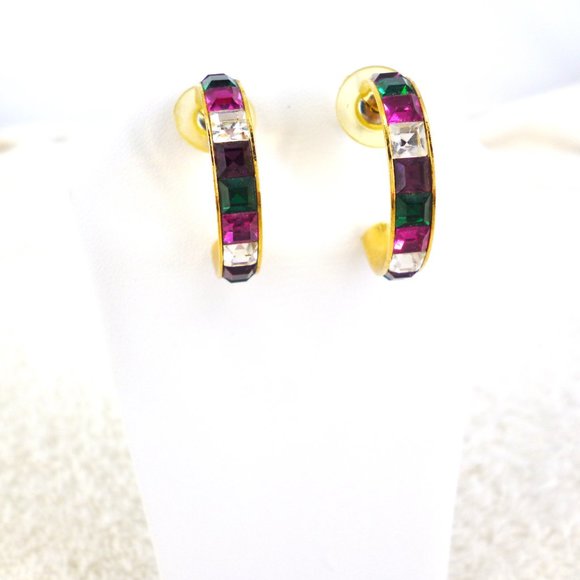 Half Hoop Earrings Deep Rainbow Tones Purple Emerald Green Gold 1 1/8" EUC 17700 - Picture 3 of 4